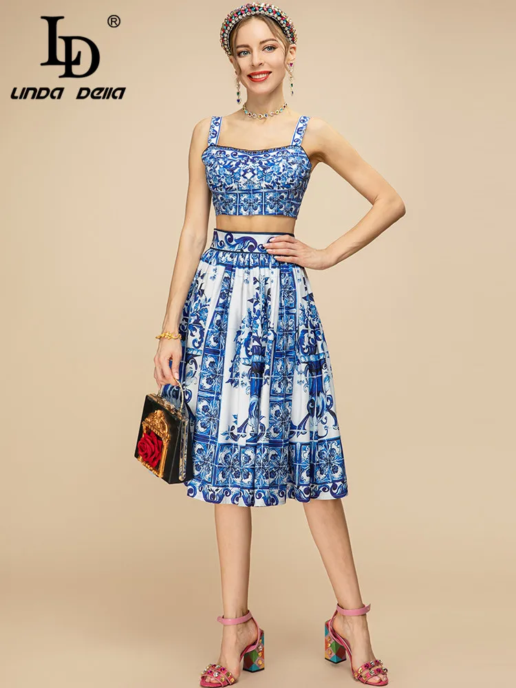 

LD LINDA DELLA 2023 New Summer Holiday Skirts Suit Women Short Spaghetti Strap Top＋Blue and White Porcelain Skirts 2 Pieces Set