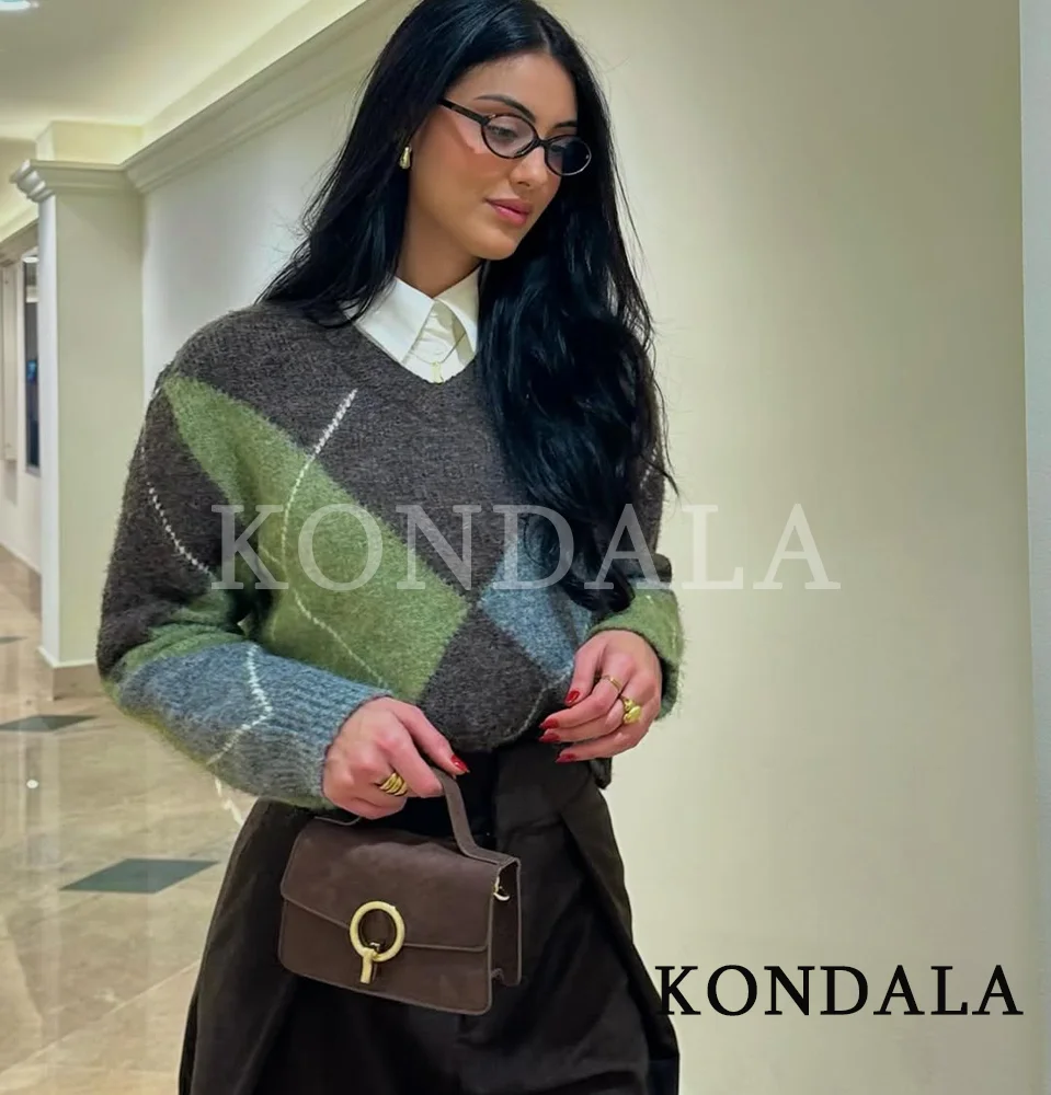 

KONDALA Trendy Casual Rhombus Sweater Women Elegant Chic V-Neck Knitted Tops 2026 Spring Fashion High Street Vintage Sweater