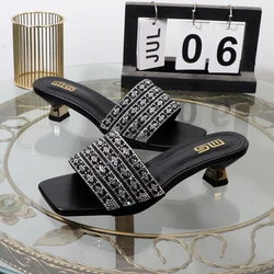 ladies slippers summer 2024 new fashion wear luxurious outside high heels rhinestone square toe black sandals with heel 4CM