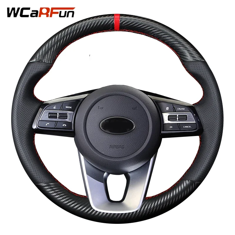 WCaRFun Black Artificial Leather Carbon Fiber Red Marker Steering Covers for Kia K5 Optima 2019 Ceed 2019 Forte Cerato