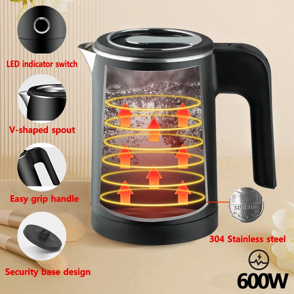 Chaleira Elétrica de Viagem Portátil, Aço Inoxidável 304, Café e Chá Doméstico, 600W, Cozinha, 0.6L