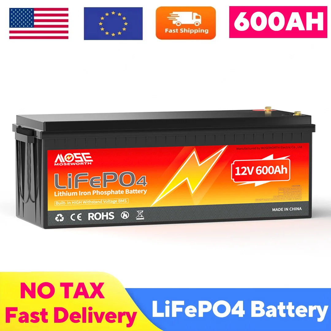 

12V 600Ah LiFePO4 Lithium Battery Built-in 200A BMS Low-Temp Protection 10000+ Deep Cycles 7680Wh Rechargeable Battery for RV