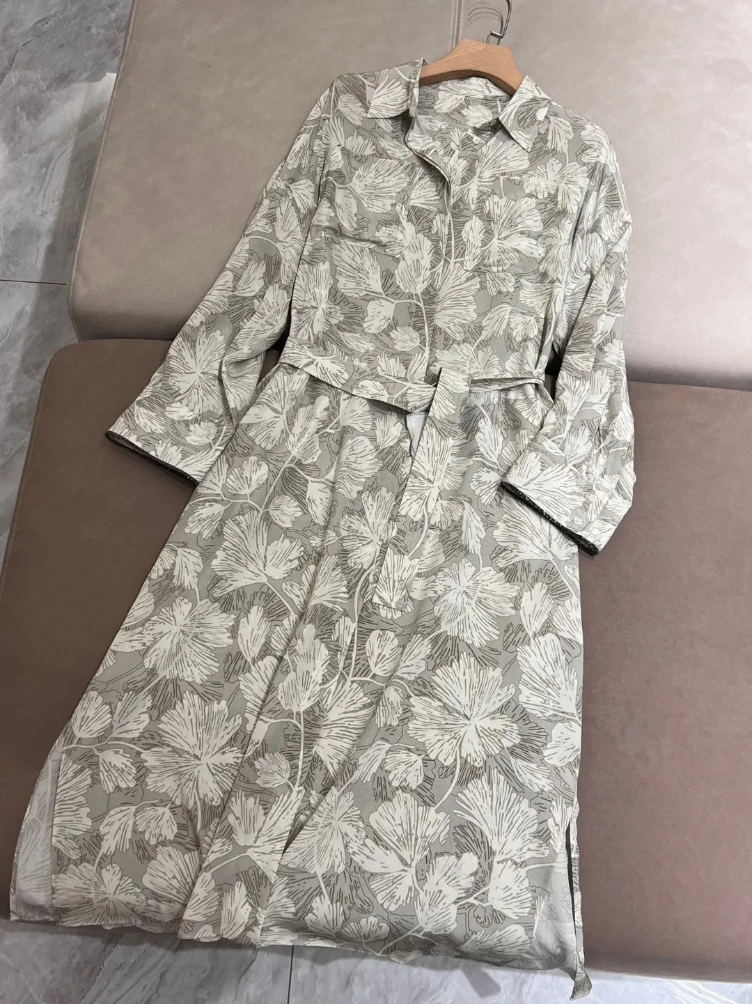 Spring summer high quality ginkgo print silk dress