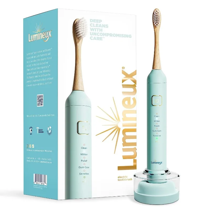 Lumineux Sonic Electric Toothbrush for Adults - Bamboo Heads - Crystalline (Light Blue) - includes 2 Super Soft Bristle Bamboo