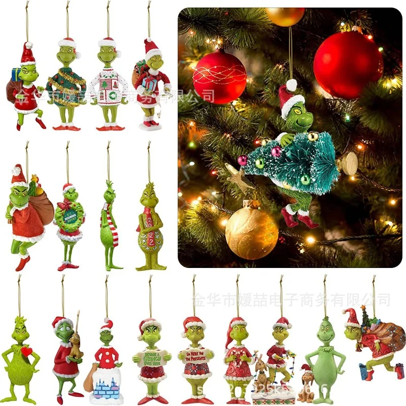 Hot Selling Christmas Tree Hanging Pendants Grinch Ornaments Acrylic Funny Green Hair Monster Christmas Tree Decor Xmas Gift 2d