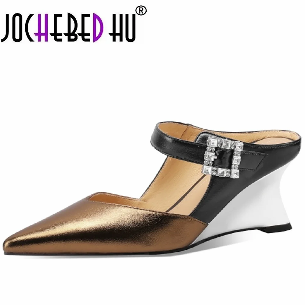 【JOCHEBED HU】Fashion Brand Genuine Leather Slope heel slippers Lady Elegant Slingback Low Heel Luxury Slides Shoes 34-40