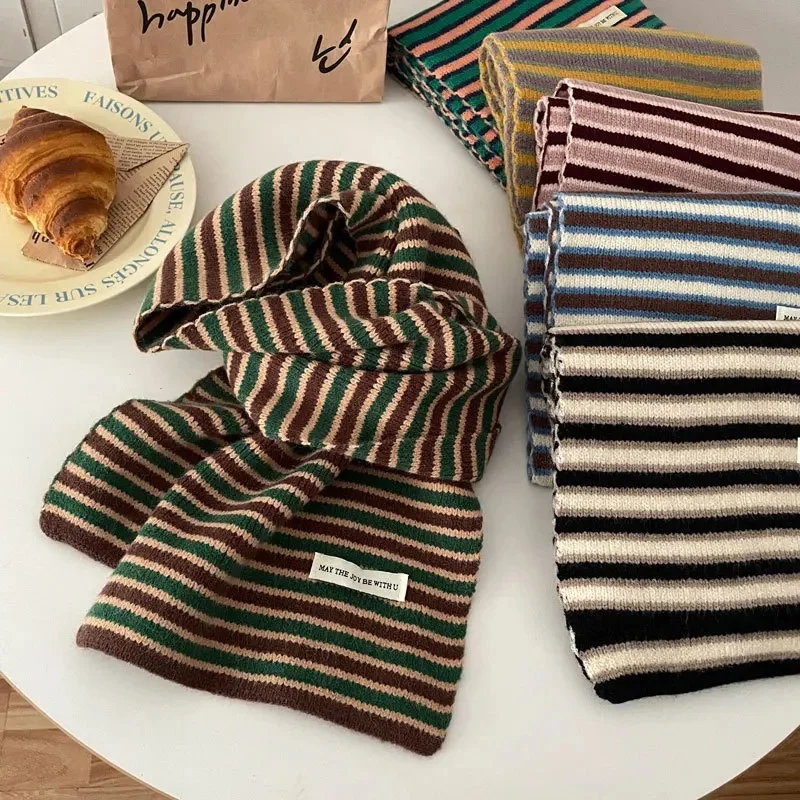 Unisex Couple Scarves New Korean Striped Harajuku Kawaii Cute Versatile Preppy Style Autumn Winter Plush Thickened Warm Scarf