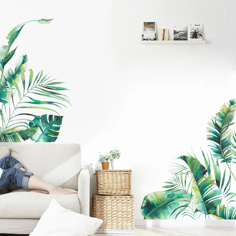 Green Leaves Wall Decals Palm Tree Leaf Plants Wall Stickers, Tropical Leaves Plant Wall Stickers Decal Home Living Room Bedroom