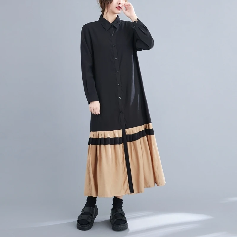 #6940 Spring False Two Piece Shirt Dress Women Long Sleeve Loose Spliced Pleated A-line Midi Dress Single Breasted Streetwear 