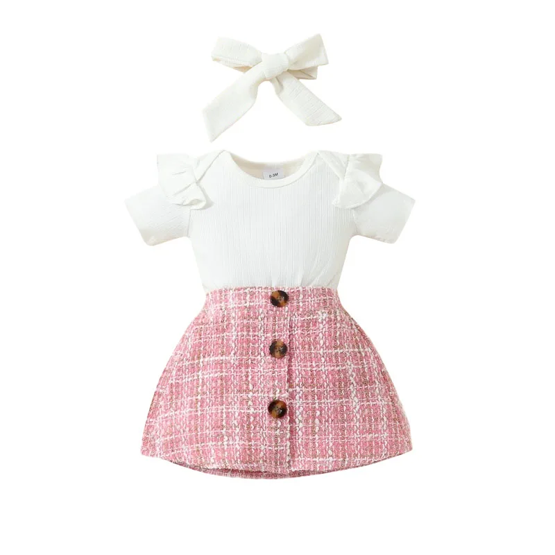 

Infant Baby Girls Romper Dress Ruffles Short Sleeve Jumpsuits Plaid Skirts Hem Bodysuits Headband