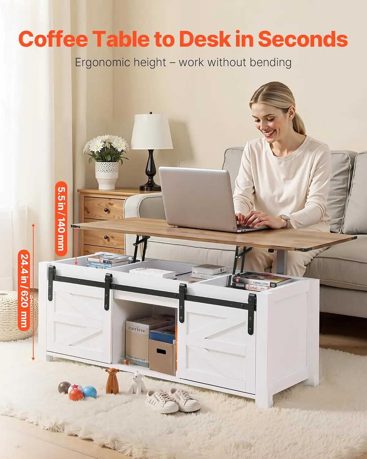 طاولة قهوة ريفية للمزرعة البيضاء مقاس 47.2 بوصة - طاولة علوية مستطيلة حديثة مع باب الحظيرة،