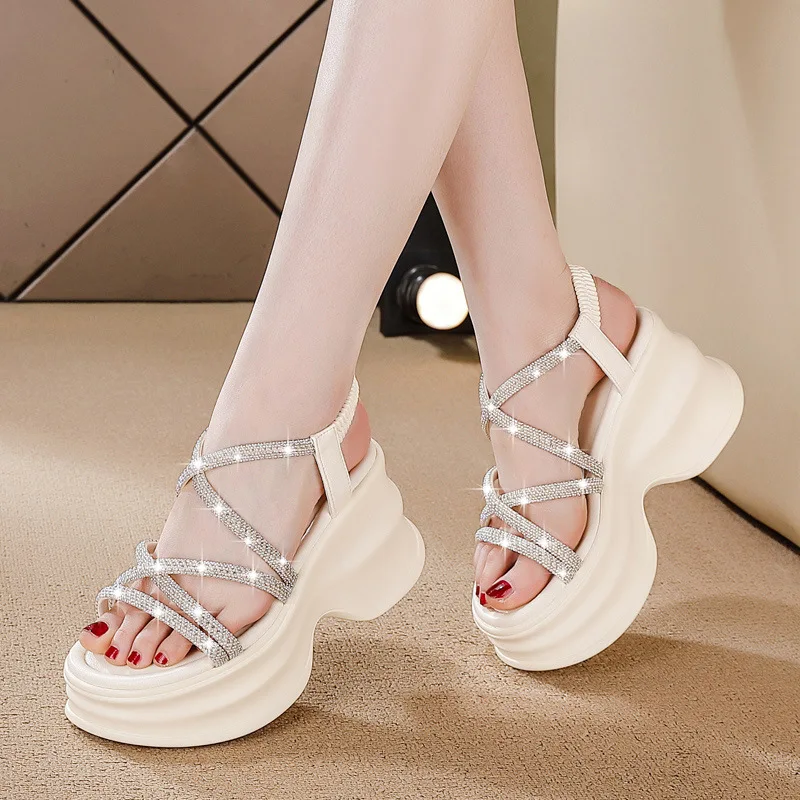 

Summer Shoes Women Platform Sandals Rhinestone Elegant Ladies Heel Sandals 10cm Fashion Dress Party Shoes D995
