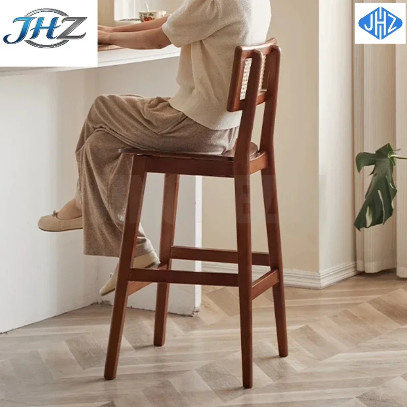 JHZ for Nordic Soild Wooden Bar Chairs Retro Woven Relaxing Comfortable Bar Chairs Ergonomic Backrest Restaurante Muebles Ho