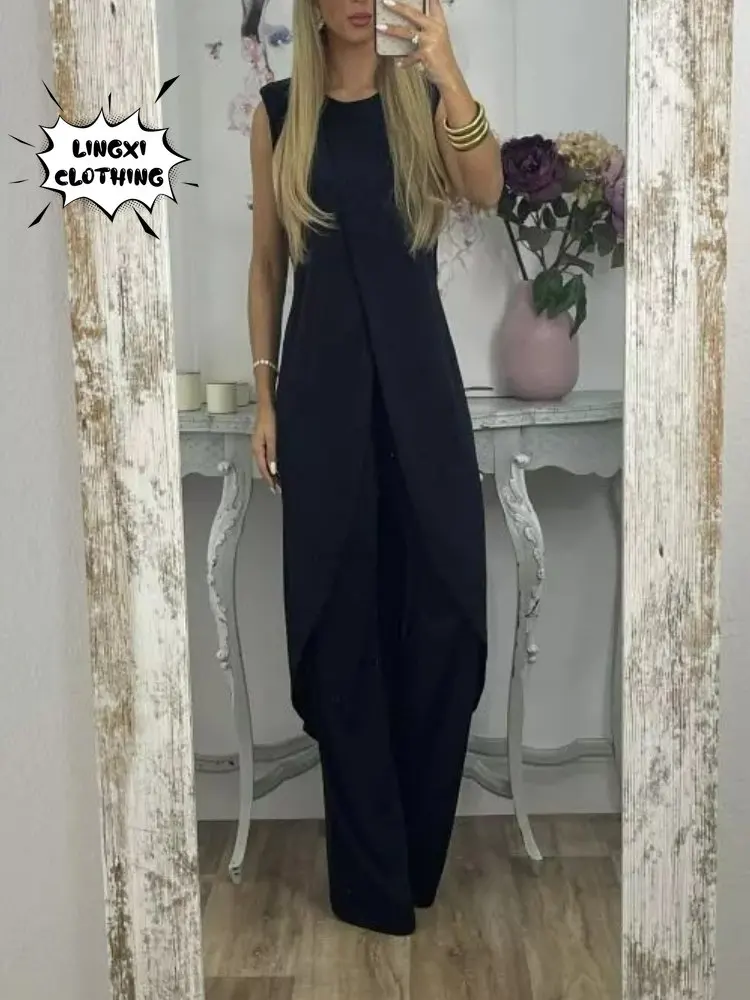2023 Fashion Summer New Casual Sleeveless Round Neck Sunscreen Suit Large High Waist Wide Leg Pants Women\'s Two Piece Set