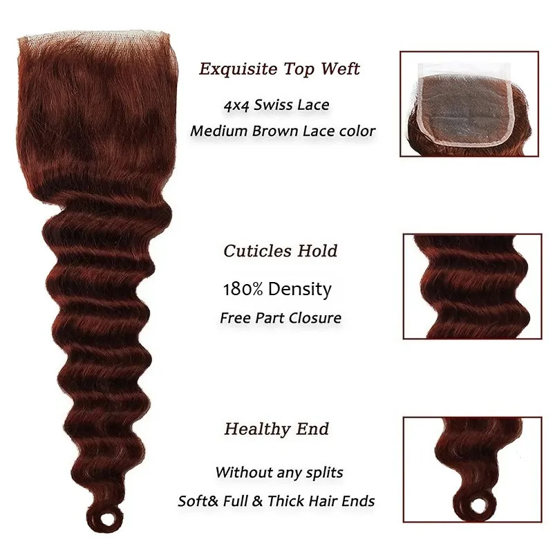 透明な4x4レースクロージャー付き人毛ウィッグ、ルーズディープウェーブ # 33色の自然なウェーブ、柔らかく耐久性のあるブラジル産バージンレミーヘア