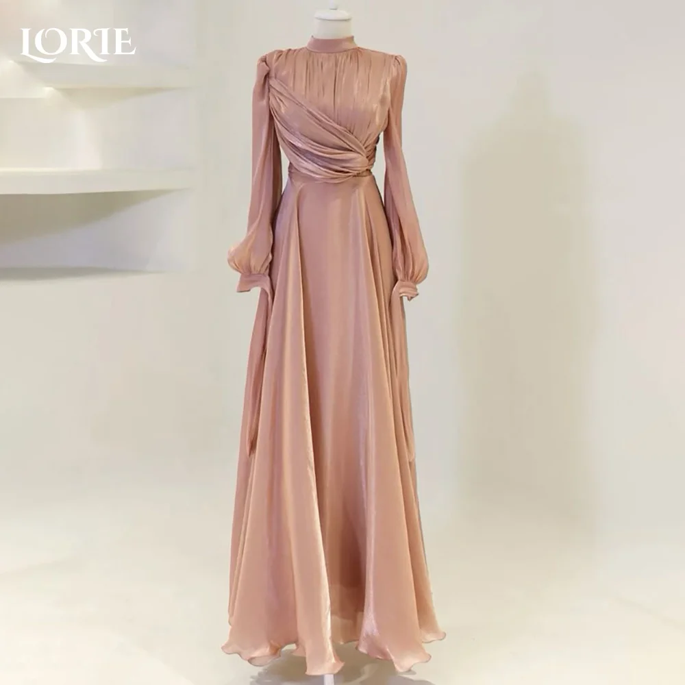

LORIE Modest Crepe Evening Dress Puff Long Sleeve Saudi Arabia Prom Dresses Pleats Illsion Puff Arabia Party Gowns Customized