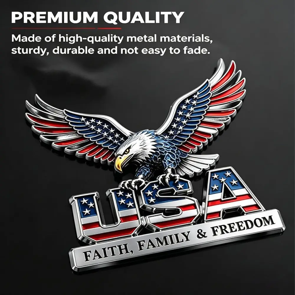 3D Raised Metal Design USA Faith Family Emblem Faith Family Freedom Slogan American Eagle & US Flag Pattern Auto Badge