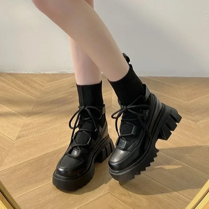 

New Ladies Shoes Fashion Lace Up Women's Boots Winter Round Toe Solid Middle Tube Chunky Heels Stretch Boots Zapatos De Mujer