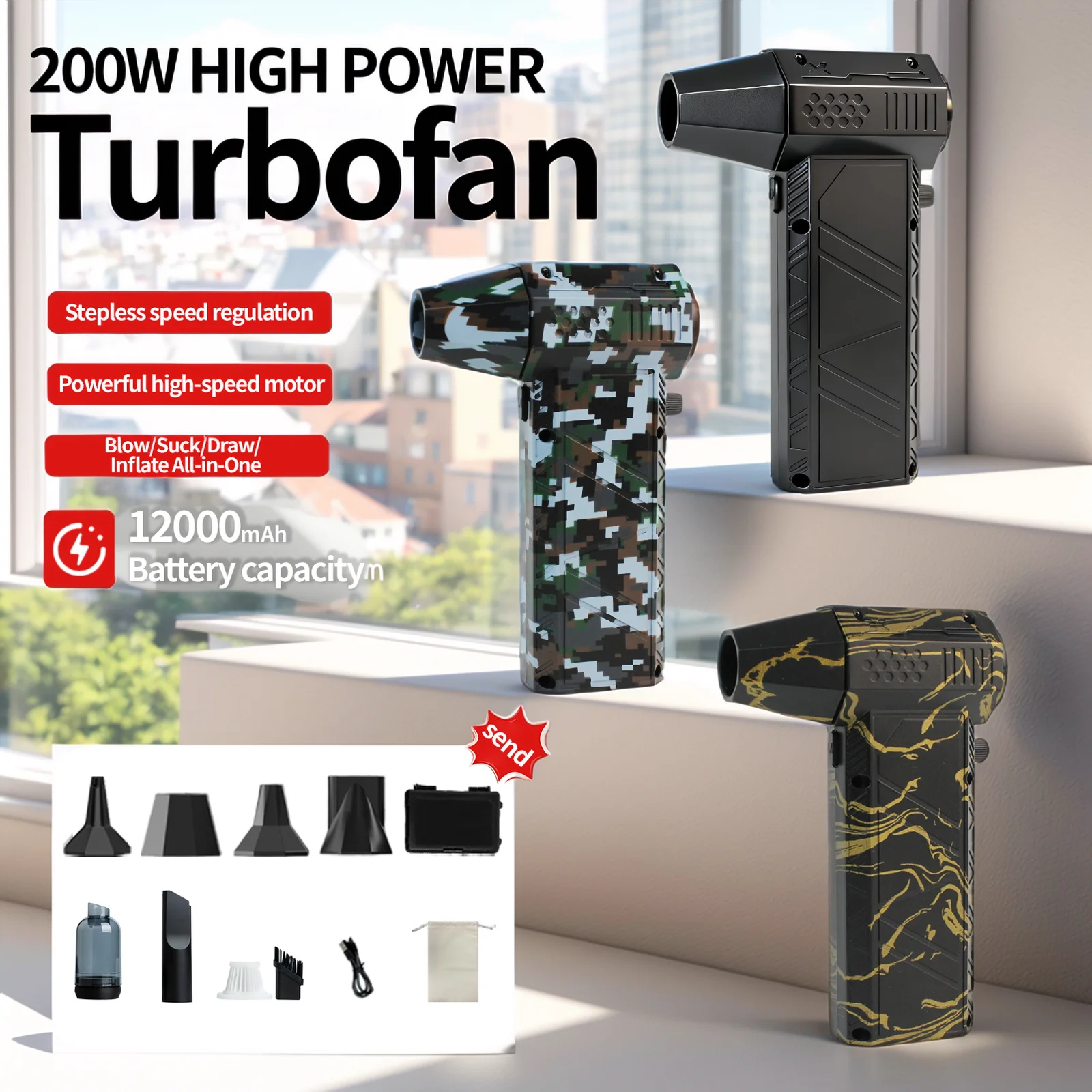 

Электрическая воздушная тряпка 990000 об/мин, турбовентилятор, мощный струйный вентилятор, инструмент для очистки, бесщеточный двигатель, пылесборник с переменной скоростью