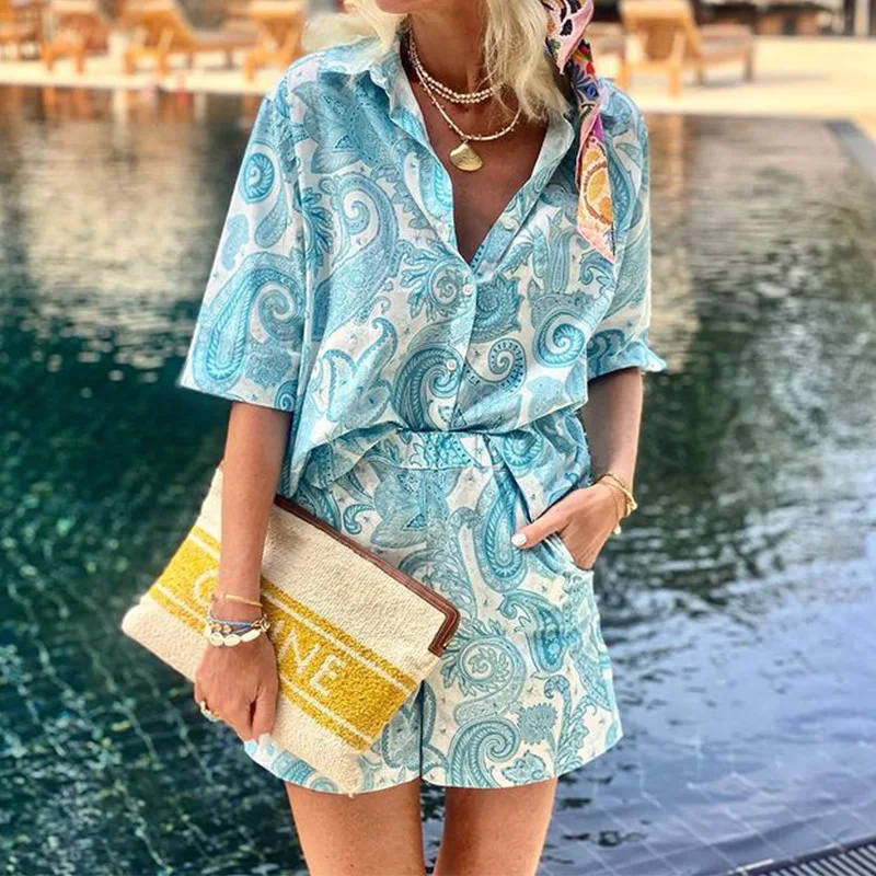 Cover Ups For Swimwear Dress Ladies Clothes Outfits 2025 Summer Women Printed Vacation Short Sleeved Shirt Shorts Two Piece Set