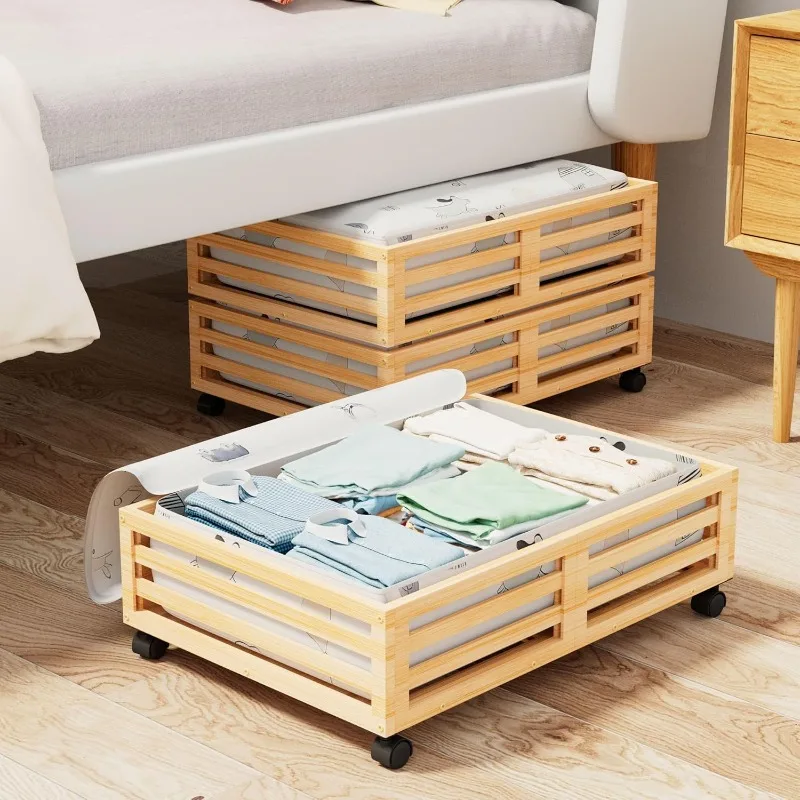 Bamboo Under Bed Organizer - with wheels, comes with large dust bag, Wooden Under Bed Shoe Organizer Drawer 2-Pack (Natural)