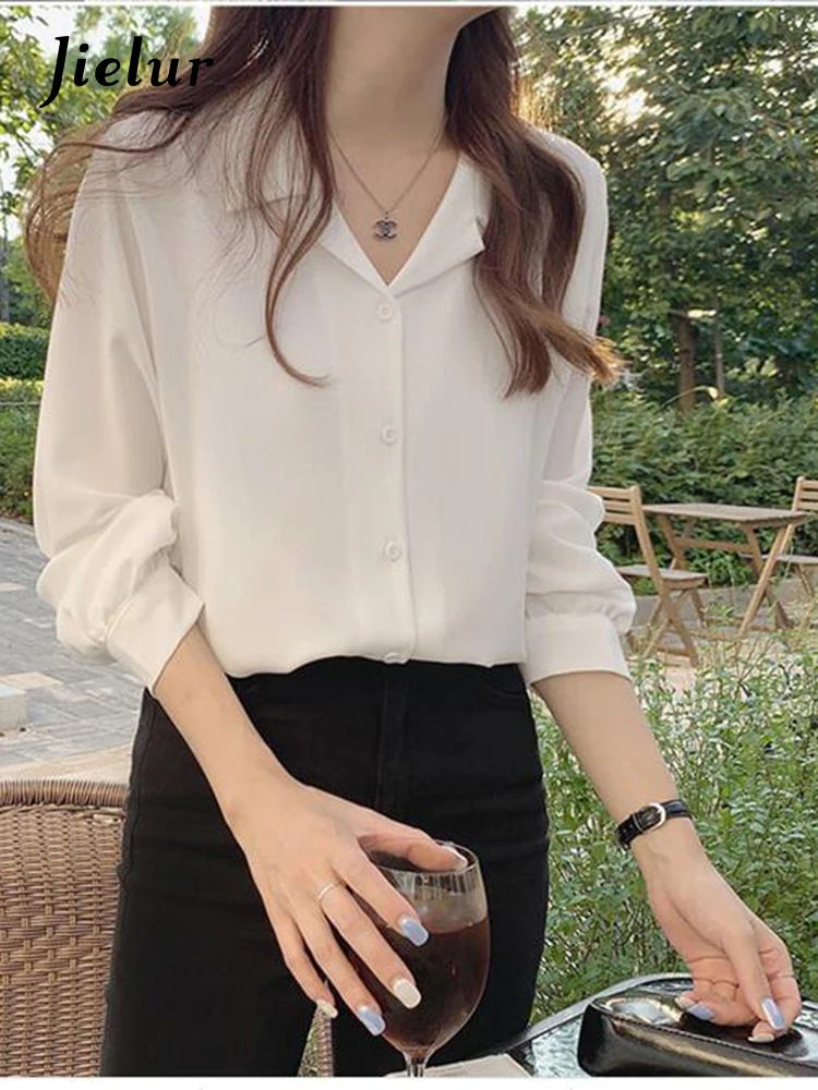 Jielur White Shirts Long Sleeve Single Breasted Button Elegant Office Lady V Neck Work Blouse Women Chic Korea Top