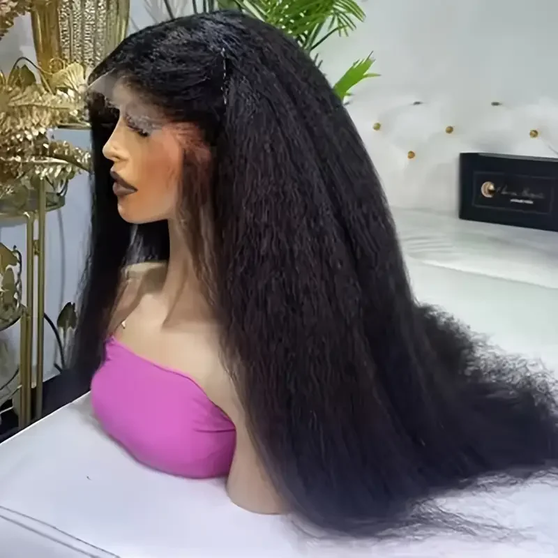 30inch 180density Soft Kinky Straight Wig Black Yaki Lace Front Wig With Baby Hair Synthetic Wigs Heat Temperature Glueless