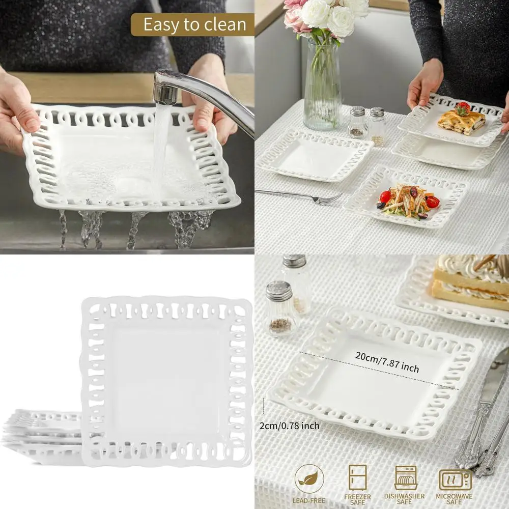 

Set of 4 - 8 White Ceramic Appetizer Plates with Lace Edge, Ideal for Small Dishes, Stackable for Home & Restaurant Use