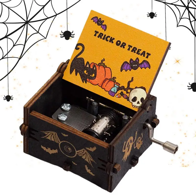 Halloween Music Sound Box Classical Wood Musical Box Hand Crank Vintage Wooden Musical Box Wind-Up Halloween Music Box Festive