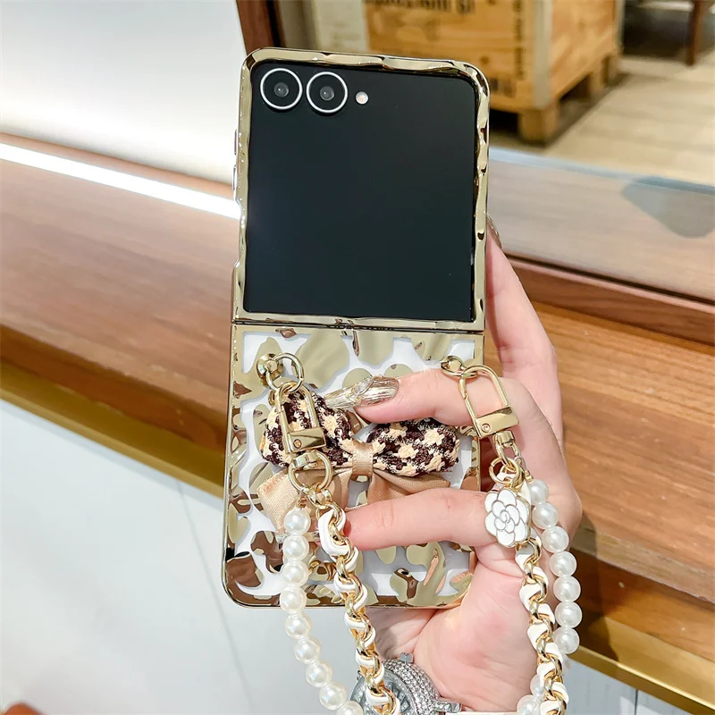 موضة تموجات الماء ليوبارد طباعة جراب هاتف لسامسونج غالاكسي Z فليب 7 6 5 4 3 Flip5 Flip6 Flip7 غطاء مع سلسلة حالات لطيف