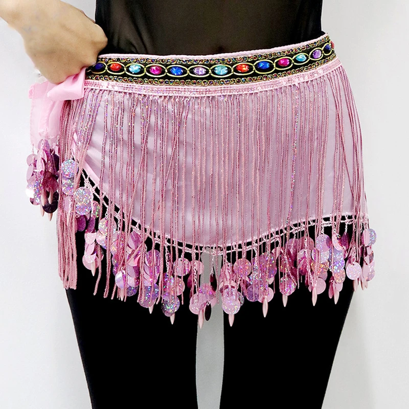 Women Belly Dance Accessories Teardrop Paillettes Coloured Diamond Fringe Wrap Bohemia Belts Coins Hip Scarf with Beads Tassels