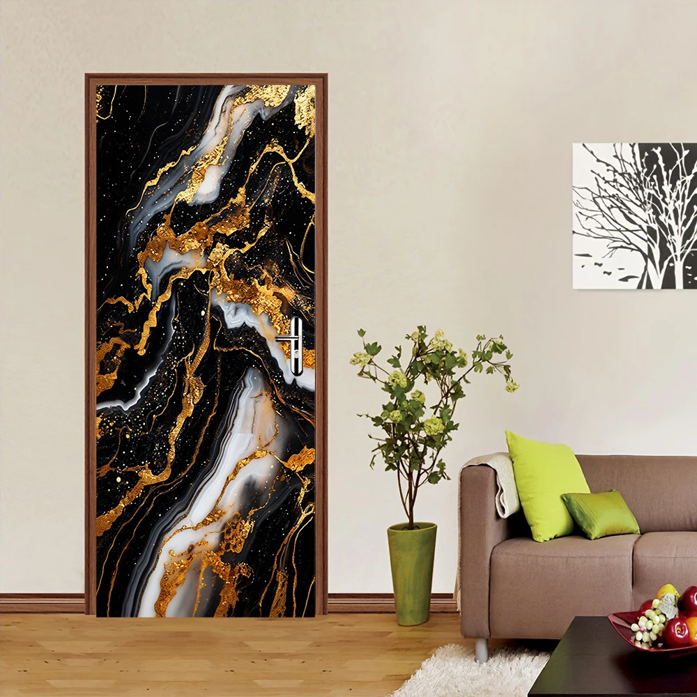 1pcs luxurious black gold marble patterned decorative door stickers, entrance bedroom living room background wall stickers, mode