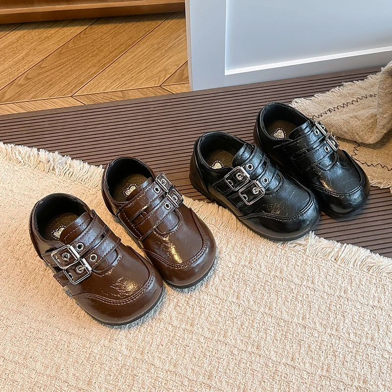 Toddler Boys Girls Retro Dress Shoes, Double Metal Buckle Strap, Non Slip Soft Sole, Glossy Upper for Daily Party Wear