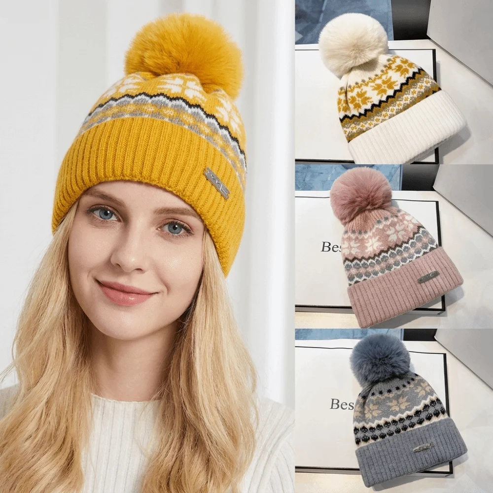 Soft Thicken Knitted Beanie Cap Pom Pom Decoration Snowflake Pattern Winter Warm Hat Windproof Warm Lining Velvet Hat Daily Wear