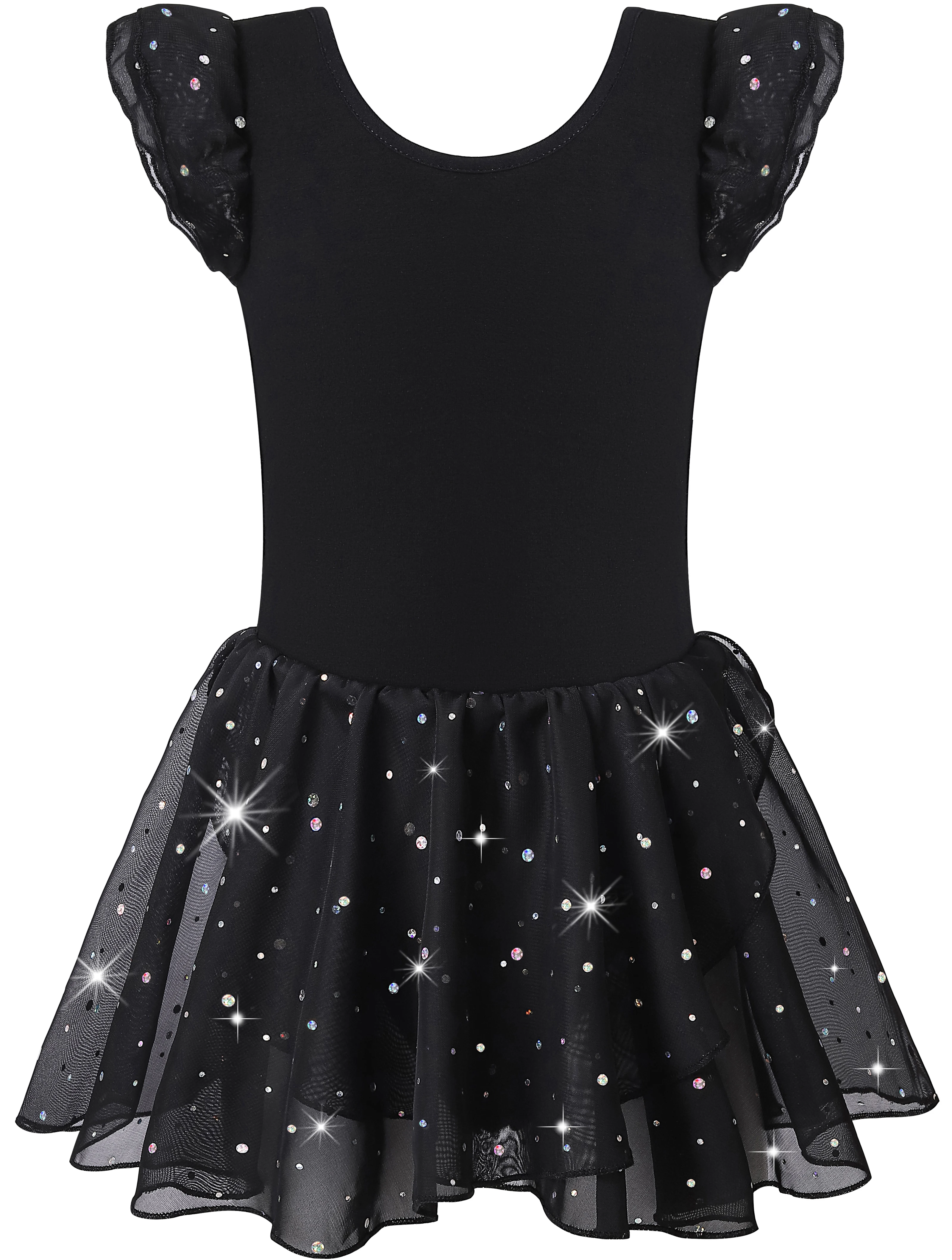 女の子用バレエレオタード、ダンス用、背中が空いたクロスデザイン、半袖、光沢のあるスカート