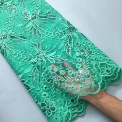 New Arrival Milk Silk Lace Fabric Light Green French Milk Silk Lace Fabric With Sequins 5Yards For African Nigerian Dress F3976