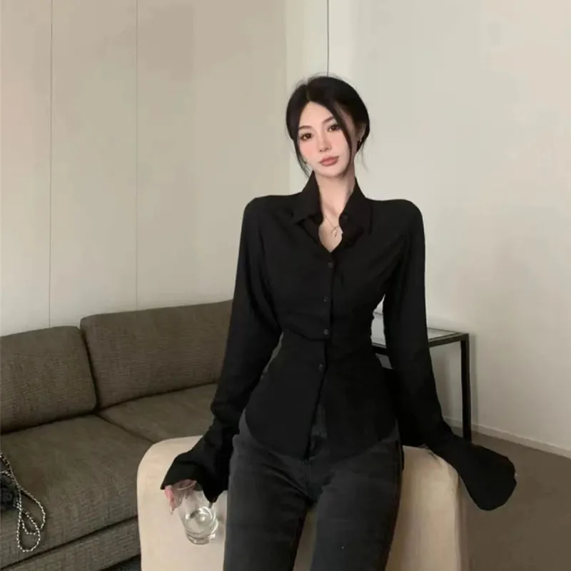 Frauen Sexy Schlank Schwarz Weiß Chiffon Hemd Koreanische Mode Tunika Zurück Spitze-up Flare Hülse Blusen drehen-unten Kragen Shirts Herbst – Detail 11