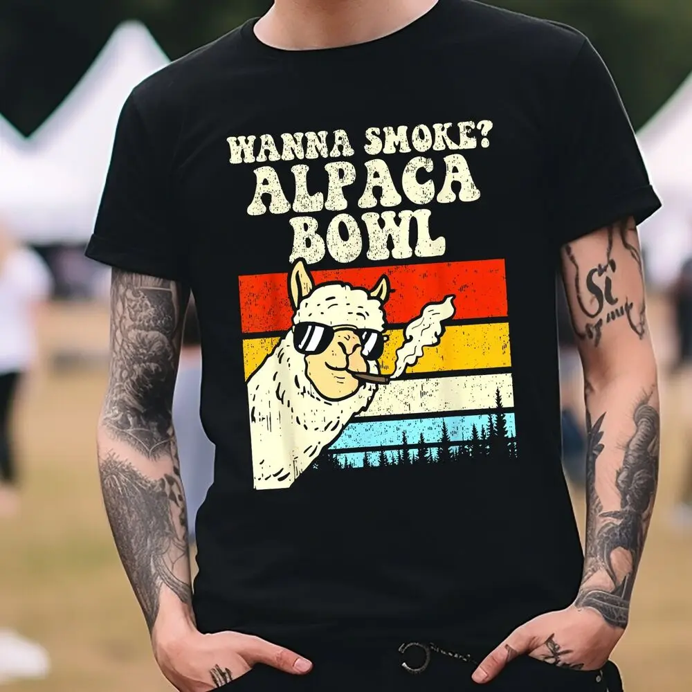 WANNA SMOKE? ALPACA BOWL 420 Stoner T-Shirt Black