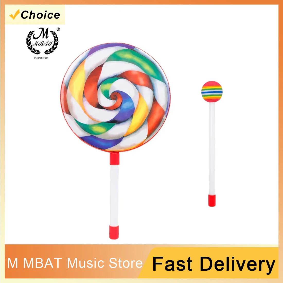 Pandereta educativa de iluminación para bebé, piruleta de 8 pulgadas con palo, instrumento Orff, tambor de juguete para niños