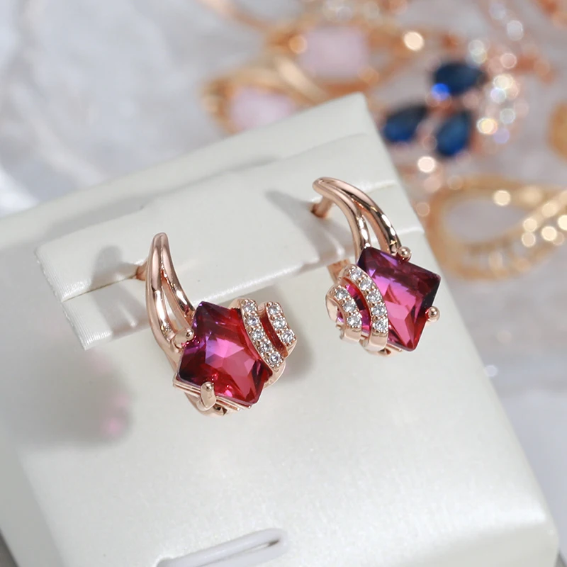 Personality Fuchsia Square Zircon Smooth Trendy Earrings 585 Rose Gold Color Luxury Wedding Jewelry Women Party Sexy Earrings