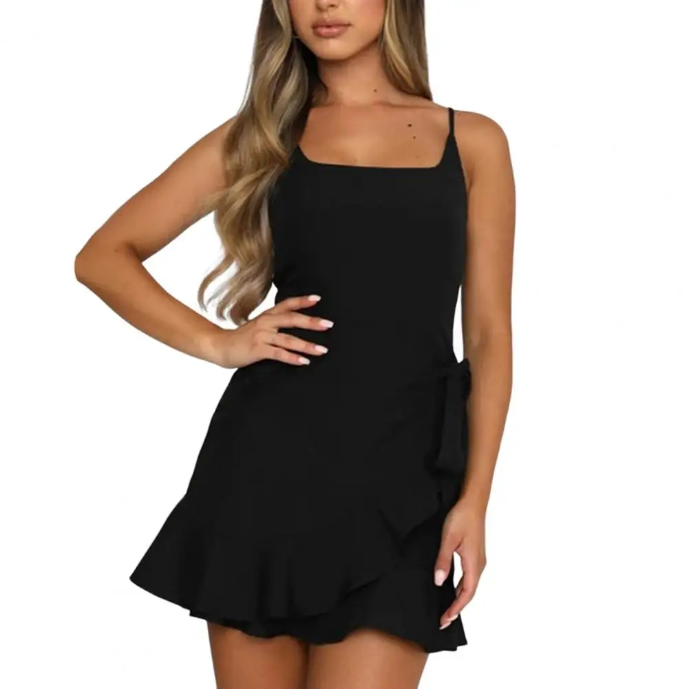 Women Solid Color Ruffle Party Dress Casual Sleeveless A-Line Dress Mujer 2022 Summer Sexy Simple Sling Slim Mini Dress Vestidos