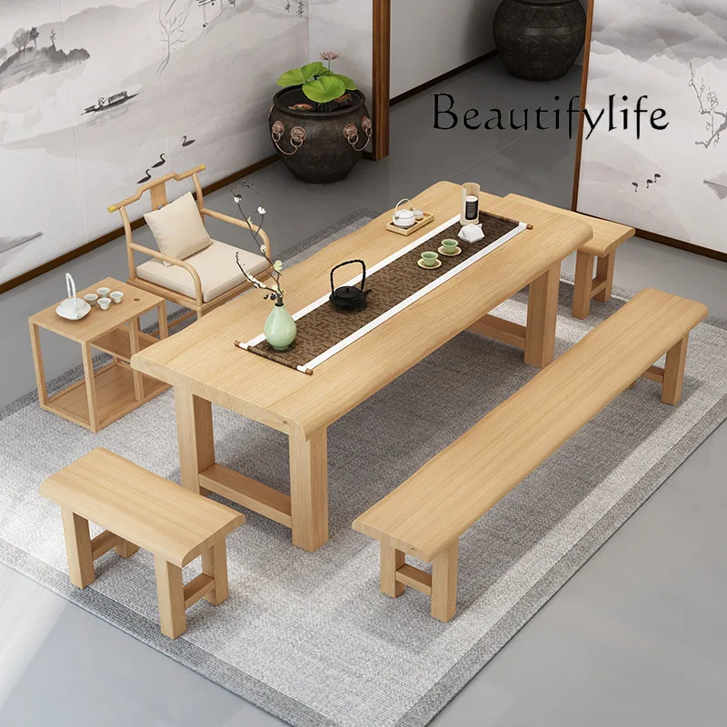 New Chinese-style log large board tea table tea house simple reception tea table studio solid wood negotiation table and chairs