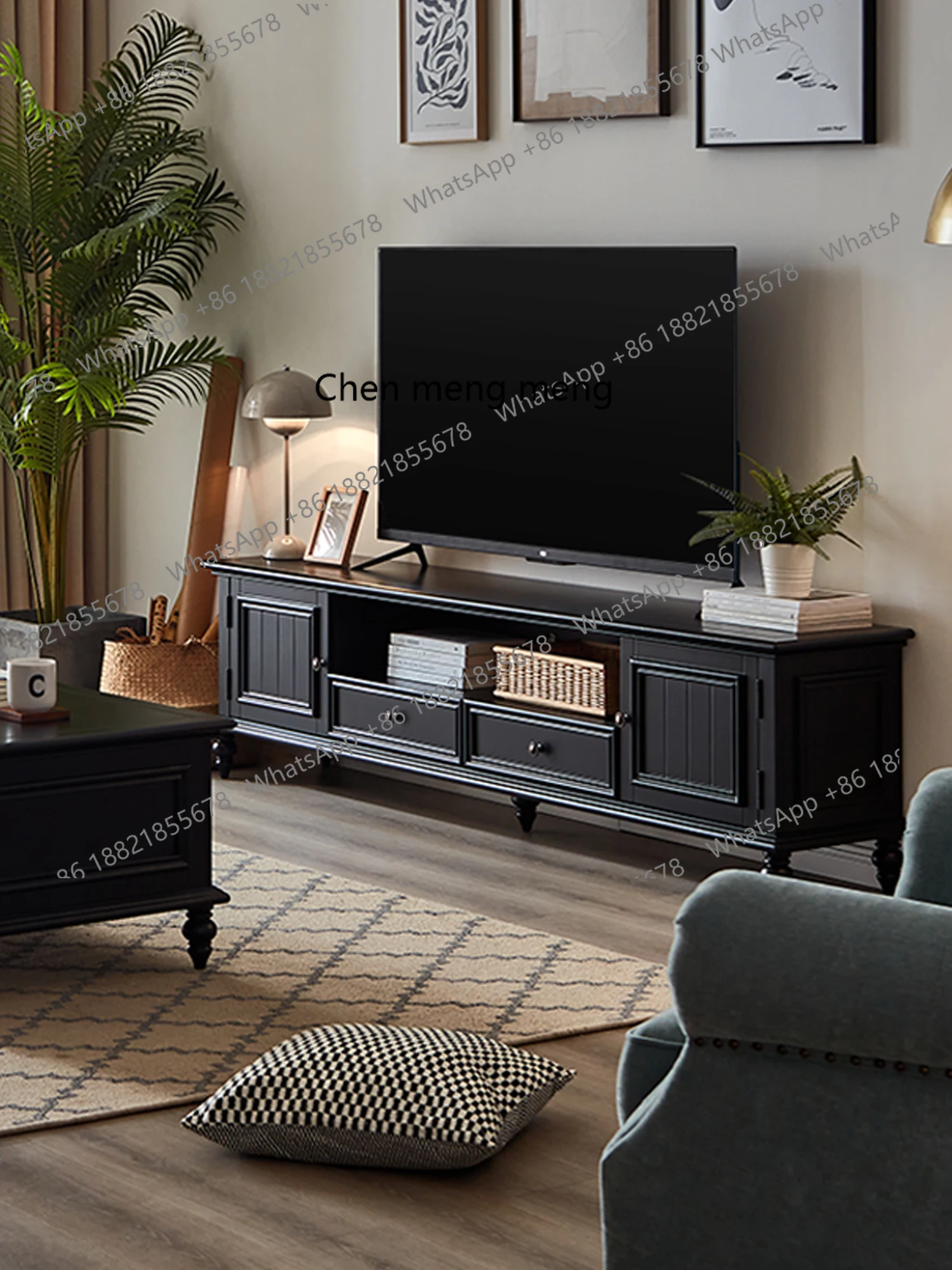 Amerykańska szafka RTV z litego drewna, zestaw ze stolikiem kawowym, lekki luksus, prosty, nowoczesny, szafka podłogowa do salonu.