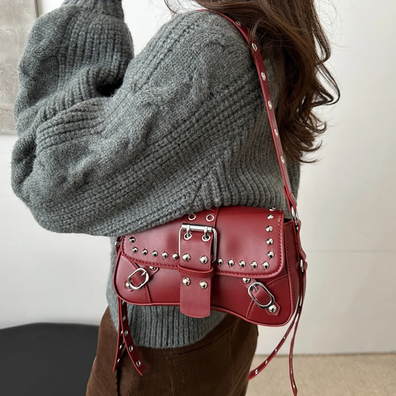 Women's Shoulder Bag Handbag Rivet Punk Armpit Bags Underarm Purse with Buckle For Daily Commutes Or Casual Travel