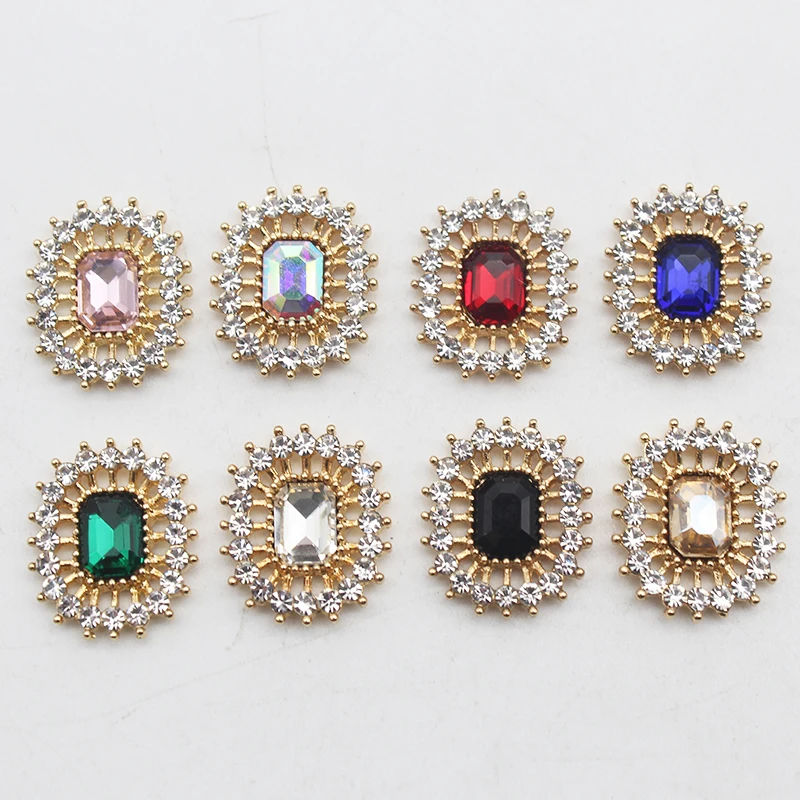 New 10pcs/batch 17*20mm Alloy Rectangle Glass Rhinestone Flat Bottom Button Decoration DIY Hairpin Ornament Jewelry Accessories