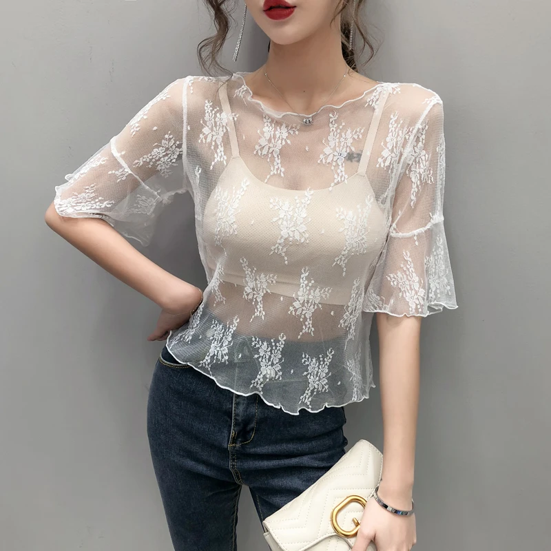 

Женская летняя прозрачная блузка с кружевной основой, сетчатыми вставками, низким вырезом, ажурным узором, рукавами-колокол и круглым вырезом, однотонная, для ношения под одеждой