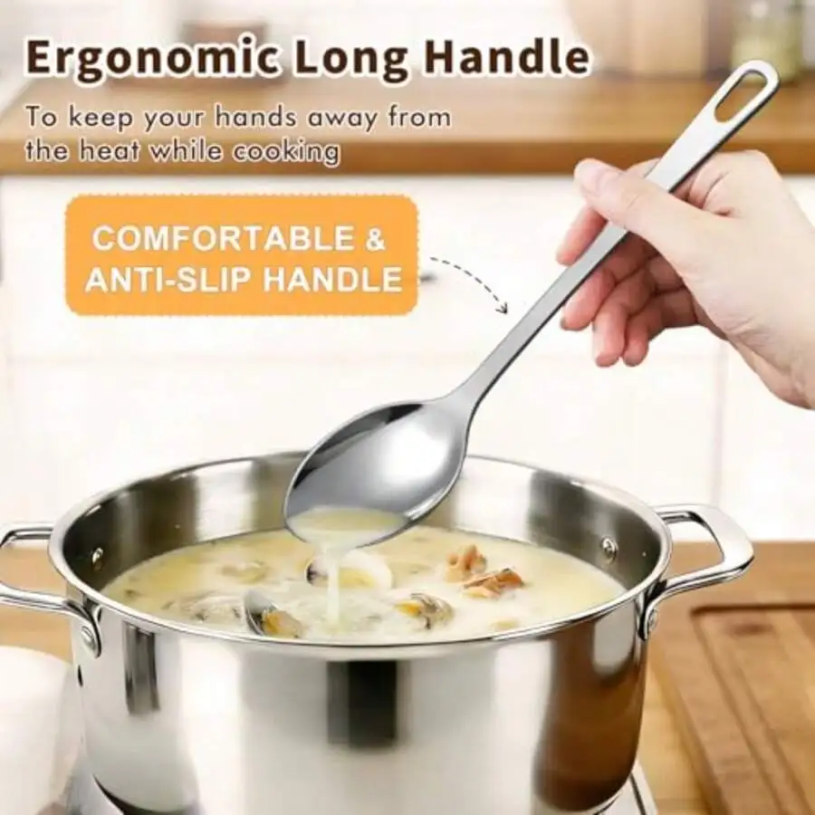 

2 Pcs Stainless Steel Cooking Spoons Set Ergonomic Long Handle Heavy Duty Soup Ladle For Stirring Mixing