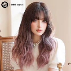 7JHH WIGS Lolita Wig Synthetic Body Wavy Ombre Purple Wigs with Dark Roots High Density Curly Hair Wigs with Bangs Costume Wig