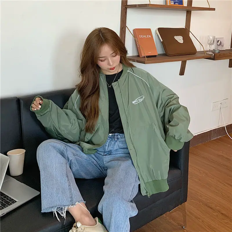 

Autumn Baseball Uniform Jacket Green Female Coat Loose Baseball Jacket Korean Coat Women's Jacket Bat Sleeve Coat Oversized