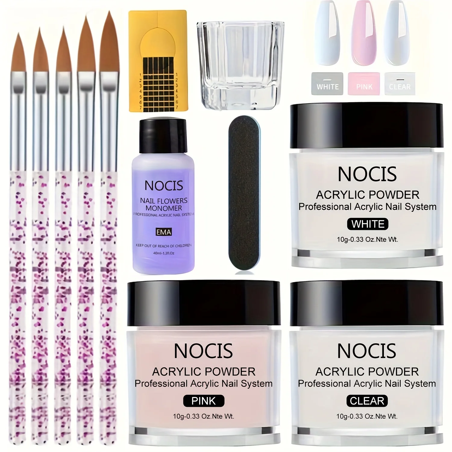 

NOCIS Nail Art Set: Transparent White And Pink Acrylic Powder, Liquid Monomer, And Brush Kit for Extensions, Carving